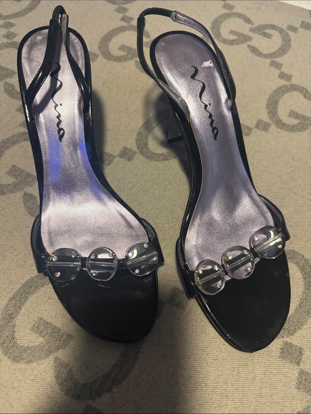 Nina Black Patent Slingback Heels with Clear Orb Accents